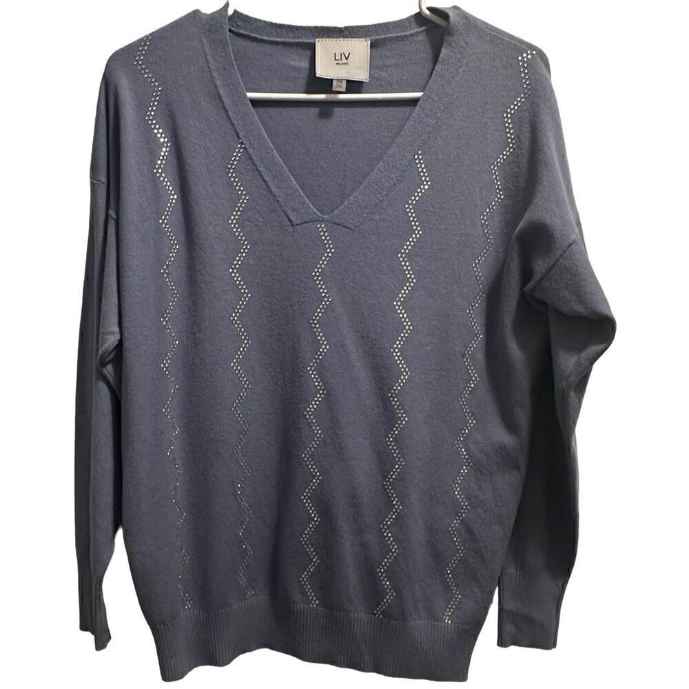 Women's Blue LIV Milano Size PS Sparkle V Neck Sweater